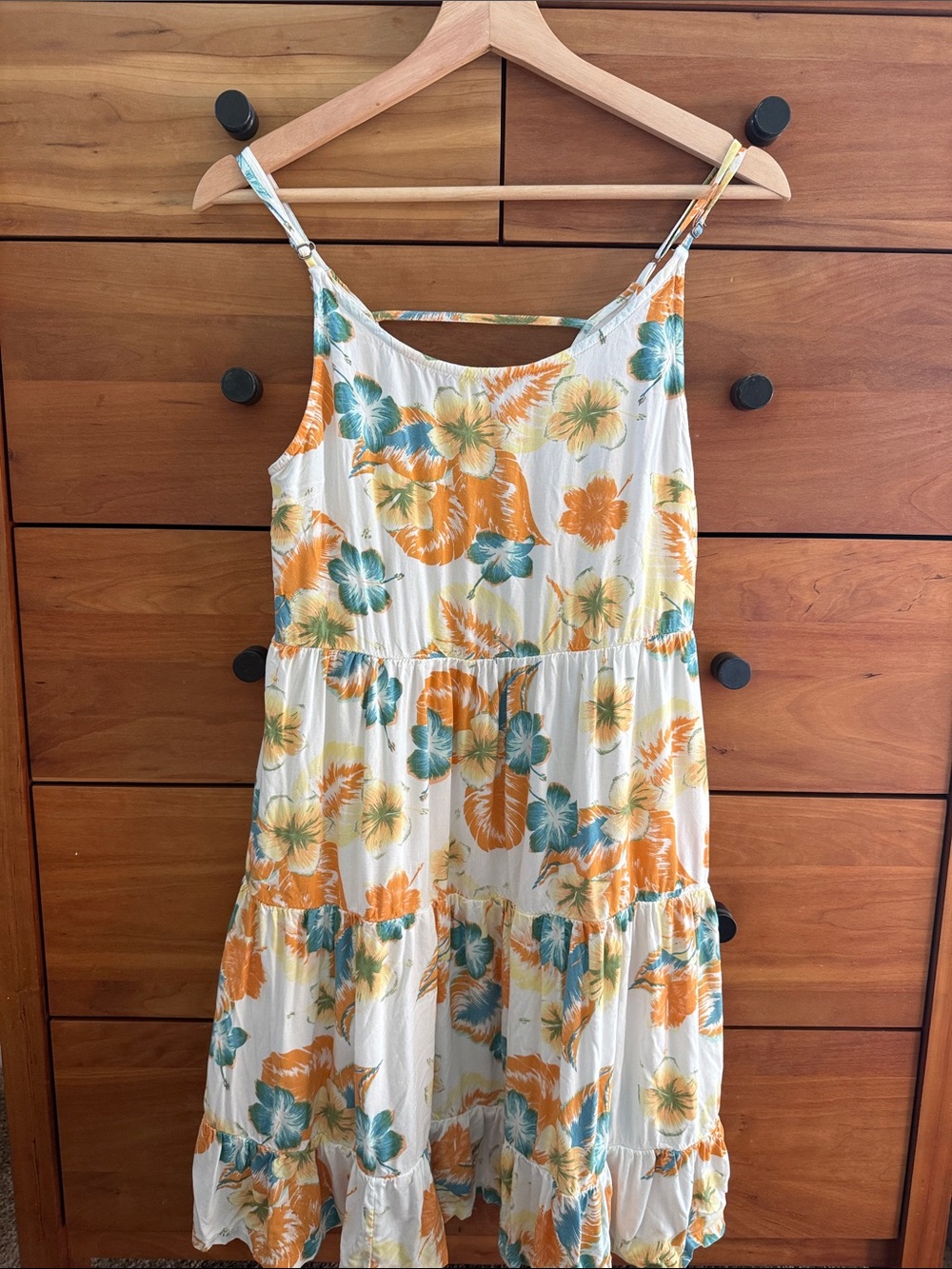 Roxy Floral Sundress in Cream, Orange & Teal Adjustable Straps Size M
